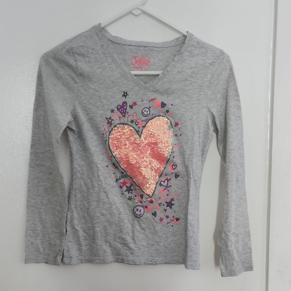 Justice Pink and Gray Long Sleeve Tee with Heart Design